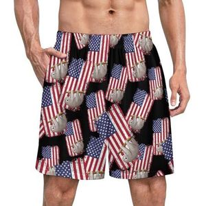 Vintage luiaard met Amerikaanse vlag grappige pyjama shorts voor mannen pyjamabroek heren nachtkleding met zakken zacht