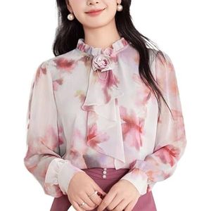 ROUZIHU Bloemen Chiffon Shirt Top Losse Stand Kraag Pullover Lange Mouw Dames Shirt, Roze, XXL