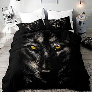 Morbuy 3D Wolf dekbedovertrekset voor eenpersoons-, tweepersoons-, kingsize bed, dierenprint, beddengoedset voor jongens- en meisjesslaapkamer, microvezel dekbedovertrek met kussenslopen (zwarte wolf,