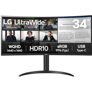LG Elektronica Gebogen UltraWide Monitor 34WR55QK, 34"", 1440p, 100Hz, 5ms Reactietijd, VA-paneel, Slimme Energiebesparing, USB-C (65W Power Delivery), Displayport, HDMI