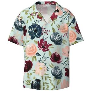 YJxoZH Kastanjebruin en marine bloemenprint heren overhemden casual button down korte mouw zomer strand shirt vakantie shirts, Zwart, 4XL
