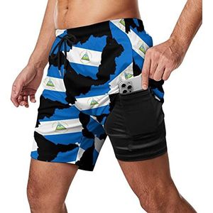 Nicaragua Vlag Kaart Heren Zwembroek Sneldrogende 2-in-1 Beach Sport Shorts met Compressie Liner En Pocket