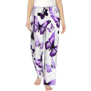 Wit Paars Vlinders Print Vrouwen Zachte Polyester Lounge Pyjama Broek - Losse Comfortabele Slaap Joggingbroek Met Zakken, Zwart, S
