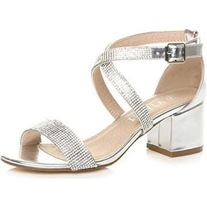 AJVANI Womens dames mid lage blokhak peep toe enkelband strappy party sandalen maat, Zilveren Diamante, 36 EU
