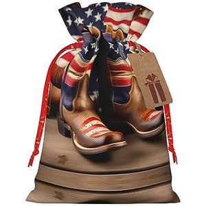 Amerikaanse vlag met cowboylaarzen stoffen geschenkzakje voor Kerstmis en speciale gelegenheden - verschillende maten beschikbaar