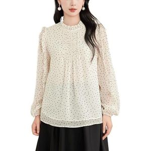 ROUZIHU Polka Dot Chiffon Shirt Stand Collar Commuter Shirt Lange Mouw Losse Dames Shirt(Beige,XXL)