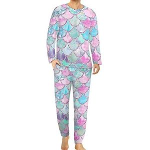 Roze zeemeermin schubben comfortabele heren pyjama set ronde hals lange mouw loungewear met zakken L