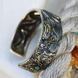 Klassieke Vintage Fashion Zilveren Kleur Gegraveerd Dubbele Dragon Verstelbare Armband Men's Domineering Trend Street Party Jewelry