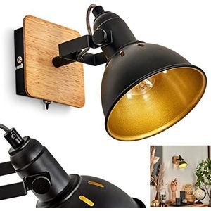 Wandlamp Tina, wandlamp van metaal/hout in zwart/chroom/goud/natuur, verstelbare lamp in retro/vintage design, lichteffect en aan-/uitschakelaar op de behuizing, 1-lamp, 1 x E14, zonder gloeilamp