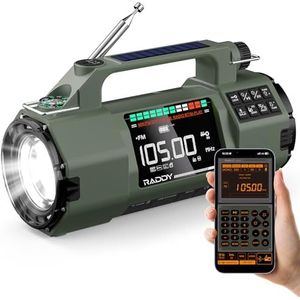 Raddy SH-907 Noodradio met APP-bediening, Handkruim, Zonne-energie, AM/FM/SW/VHF Ontvanger met 5000mAh Vervangbare Batterij, Zaklamp, SOS, Kompas voor Stroomuitval, Kamperen, Noodsituaties