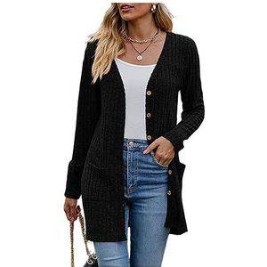 NOGRAX Dames vest herfst lang vest vrouwen knopen vest dames V-hals gebreide trui vesten voor vrouwen, Zwart, XXL