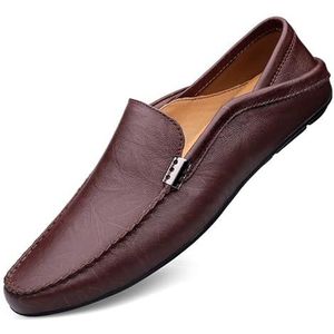 Loafers for heren Effen kleur Ronde neus Leren loafers Schoenen Antislip Antislip Flexibele Outdoor Klassieke instappers (Color : Red Brown, Size : 37 EU)
