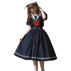 Mfacl Leuke Lolita Jurk Rok Zomer Jurken Lolita Sweet Dress Harajuku Sailor Collar Navy Jurken Vintage Bow Kawaii Girls Preppy Style Lange mouw jurk (Color : Navy Blue, Size : XL)