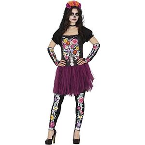 FIESTAS GUIRCA Bloemige dag van de doden skeletkostuum - incl. bloemenjurk, mouwen en leggings - Halloween kostuum volwassenen dames maat 34-36 S