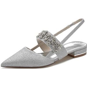 KJCQGQTZ Dames Slip Op Platte Bruidspumps Spitse Neus Lage Dikke Blokhak Slingback Ballet Flats Dames Diamanten Enkelbandje Bruidsmeisje Trouwschoenen Avond Feestjurk Sandalen,Zilver,41