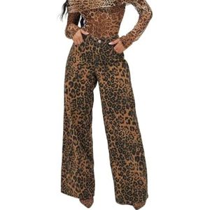 LoprNsdgt Vintage Rechte Jeans Voor Dames, Modieuze Luipaardprint, Rits, Losse Pasvorm, Herfsthosen,Bruin,L