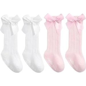 DAZZLUXE 2 paar babykniekousen, kinderkniekousen met strik, antislip meisjessokken, wollige ruche-sokken, effen, ademende katoenen sokken (wit, roze), wit, roze., 18 Maanden