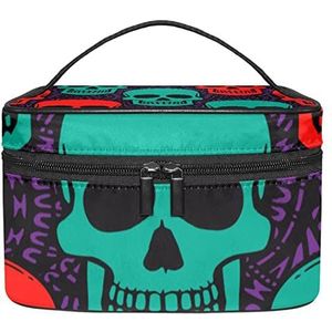 Make-up Organizer Bag, Reizen Make-up Tas Organizer Case Draagbare Cosmetische Tas voor Vrouwen en Meisjes Toiletartikelen Vintage Schedel Groen Rood Patroon, Meerkleurig, 22.5x15x13.8cm/8.9x5.9x5.4in