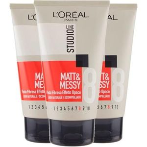 L'Oréal Paris Studio Line Matt&Messy Haargel met Mat Effect Vezelgel 8 Ultra-Sterke Grip Haarwas - 3 Flessen van 150ml