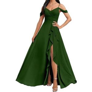 HPPEE Koude Schouder Bruidsmeisjes Jurken met Split Ruches A-lijn Chiffon Formele Avondfeestjurk, Emerald Groen, 32