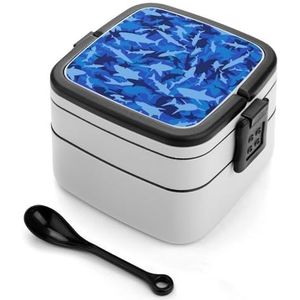 Blauwe Camo Shark Bento Box Met Handvat Alles-in-een Stapelbare 2-Tier Lekvrije Lunch Box Voedsel Containers