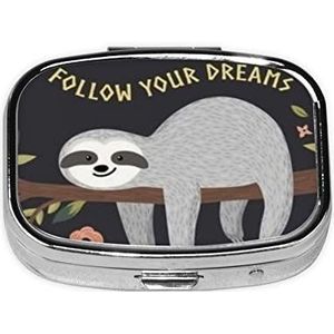 Mini vierkante pillendoos, medicijnorganizer, volg je dromen, luiaard, draagbare EHBO-doos, reispillendoos met 2 vakken, kleine pillendoos voor zak of portemonnee