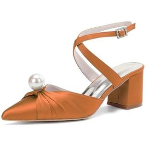 KYEGLO Puntige Hakken Met Blokhak En Parel Voor Dames & Sandalen Met Dichte Neus, Dikke Hak En Gekruiste Enkelbandjes - Ideaal Voor Bruiloften En Werk,Oranje,36 EU