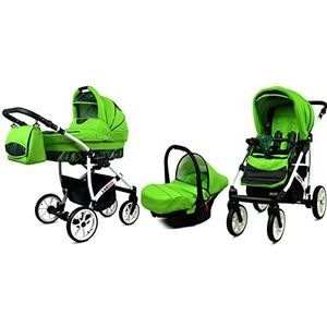 BabyLux Largo 3 in 1 Baby Reis Systeem Kinderwagen Autostoel Afneembare Regenhoes Voetenzak Dragende Wielen Pasgeborene tot Baby Green Leaf White Frame