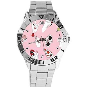 Grappige Hand Mode Vrouwen Horloges Sport Horloge Voor Mannen Casual Rvs Band Analoge Quartz Horloge, Zilver, armband
