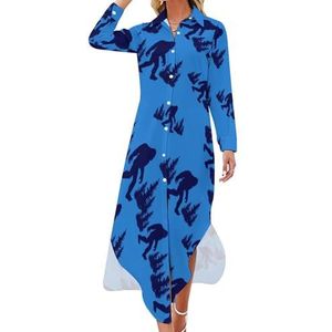 Grappig blauw Bigfoot dames maxi-jurk lange mouwen knopen overhemd jurk casual feest lange jurken L
