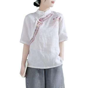 Etnische Stijl Prachtige Geborduurde Top Dames Plus Size Losse Shirts Met Halve Mouwen Chinese Traditionele Hanfu Blouse (Color : White, Size : 3XL)