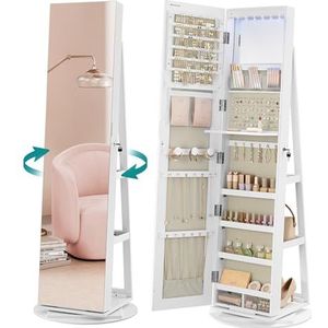 SONGMICS - Spiegel-jewelenkast - Wit - 360° Draaibaar - Afsluitbaar - Volledige Lengte