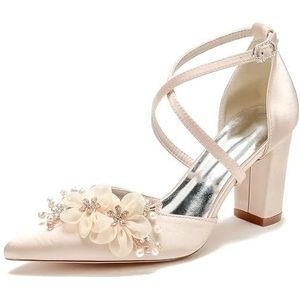 GHSIRUEU Vrouwenhoge pumps met kruisband gesloten teen bruiloft bruidsfeestje jurk schoenen met bloem kristal parel,Champagne,36 EU