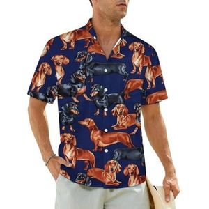 Teckel hondenprint blauw herenoverhemden korte mouwen strandshirt Hawaiiaans shirt casual zomer T-shirt XL