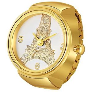 Silverora Vingerhorloge ringhorloge voor dames en heren, analoog kwartshorloge, Arabische cijfers, Eiffeltoren, doodskop, kroon, vlinder, wijzerplaat, elastische band, gouden vingerhorloge, Eiffeltoren