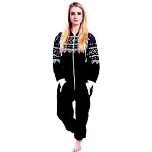 Newfacelook Onesie voor dames, bedrukt, met capuchon, all-in-one, hoodie met ritssluiting, overall, trainingspak, zwart-print, M