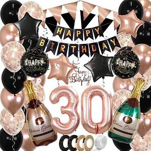 30 Jaar Feest Verjaardag Versiering Confetti Helium Ballonnen Slingers Happy Birthday Rose Goud & Zwart XL SET – 60 Stuks