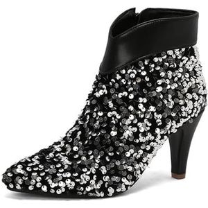 Enkellaarsjes Met Puntige Neus, Dames, Pailletten, Korte Laarzen, Hoge Hakken, Enkellaarsjes, Grote Maten, Laarzen Met Rits Aan De Zijkant, Lente-enkellaarsjes for Bruiloften En Feesten(Black,43 EU)