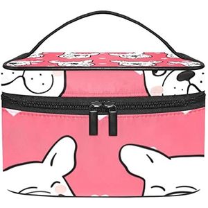 Handgetekende karper vis zee golf blauwe make-up tas voor vrouwen meisjes cosmetische tassen met handvat reizen make-up organizer tas, Pug Head Schattig Patroon Roze Achtergrond, 8.9x5.9x5.4 Inches, Make-up zakje