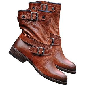 Frolada Motorcycle boots Flat Booties Shoes Wide Fit Women Mid Calf Ankle Boot Low Heel Outdoor Buckle Slide in Pu+Rubber Dark Brown 39