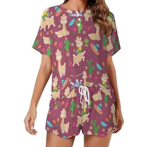 Llama Alpaca Cactus Bloemen Zachte Womens Pyjama Korte Mouw Pyjama Loungewear met Zakken Gift voor Thuis Strand 2XL