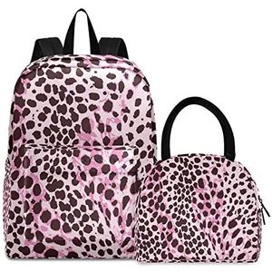 Roze luipaardbont kunst boekentas lunchpakket set schouderrugzak boekentas kinderrugzak geïsoleerde lunchbox-tas voor meisjes jongens, Patroon., Medium