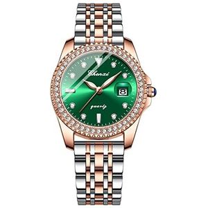 JewelryWe Vrouwen Horloges Ronde Groene Wijzerplaat Analoge Quartz Kalender Horloge Eenvoudige Stijlvolle Zakelijke Casual Horloge, Rosé goud (staal)