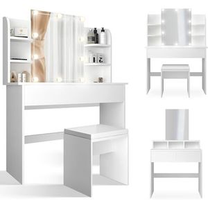 MIADOMODO® Witte Toilettafel Set - Lade & Open Planken, 2 Varianten: Met/zonder LED Verlichting & Kussen - Elegante Make-up Desk Set, Schoonheidsritueel Organisator, Stijlvol Slaapkamer Decor