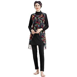 WOWDECOR Moslim Badmode Voor Vrouwen Bloemen Bescheidenheid Badpak Islamitische Hijab Burkini Beachwear Tankini Zwemmen Kostuum, Zwart, L