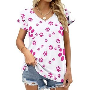 Roze Poten Patroon Grafische Blouse Top Voor Vrouwen V-hals Tuniek Top Korte Mouw Volant T-shirt Grappig