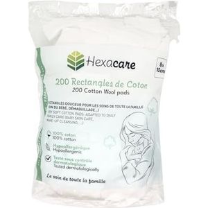 Hexacare - 200 katoenen rechthoeken, 8 x 10 cm, 100% natuurlijk katoen, hypoallergeen, dermatologisch getest, zacht voor baby's en verwijderen van make-up