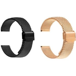 Milanese Mesh Vervangende Horlogeband 2 Stuks, 10 12 14 16 17 18 19 20 21 22MM Horlogeband Met Snelle Ontgrendeling, Verstelbaar, Dubbele Gesp (Color : Black+Rose Gold, Size : 22MM)