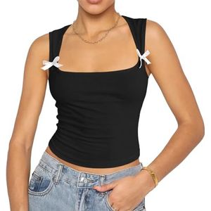 Dames Tanktop met Strikdecor, Sexy Mouwloze Crop Cami-shirts met U-hals, Casual Zomerkleding(Color:Black,Size:S)