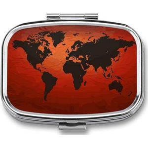 Rode en bruine wereldkaart pillenorganisator reizen pillendoos 2 compartimenten dagelijkse vierkante medicijncontainer met spiegel wekelijkse draagbare pillendispensergevallen voor portemonnee zak